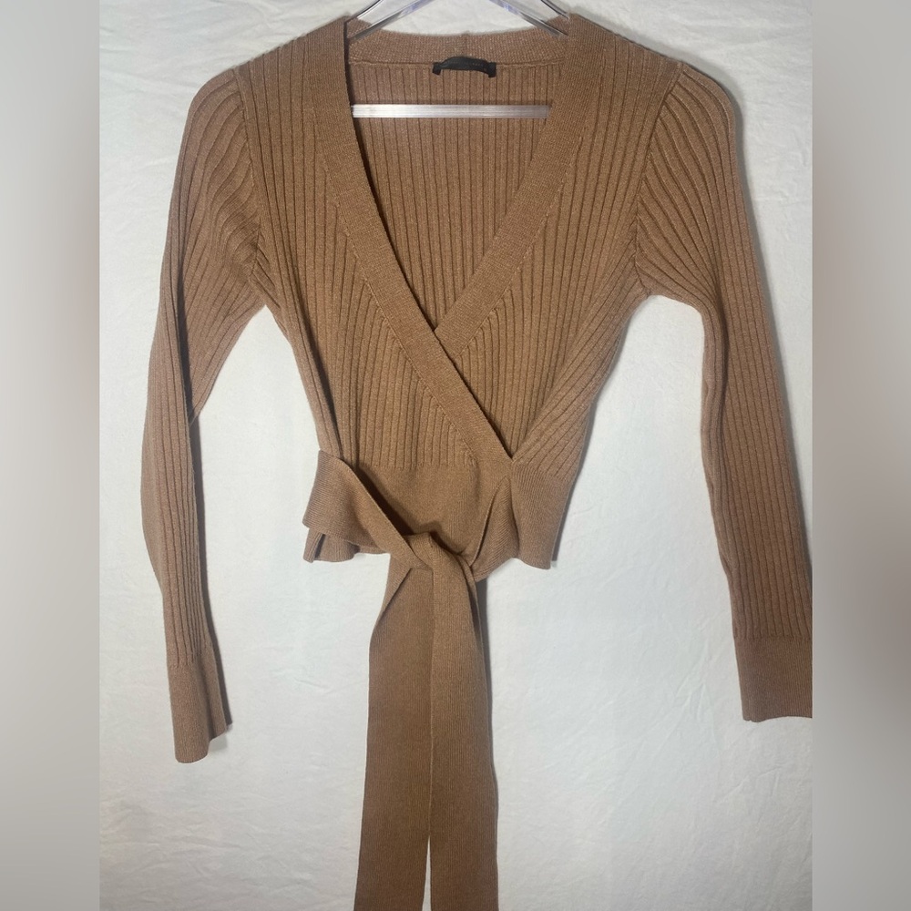PrettyGarden Crop Brown Sweater V-Neck Ribbed Tan Wrap